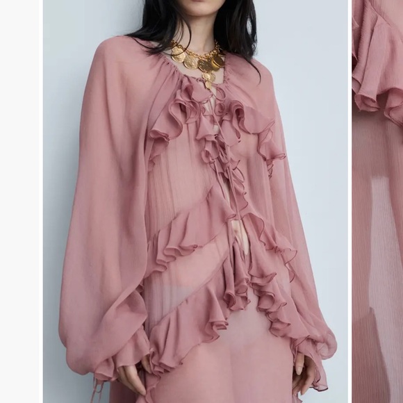 MANGO Boho Sheer Pink Ruffle Dress size 2/XS - Picture 3 of 9